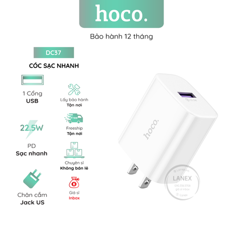 Cóc Sạc Nhanh Hoco Dc37 1 Cổng Usb 22.5W