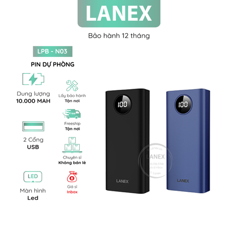 Pin Dự Phòng Lanex Lpb - N03 Polymer A+ 2 Cổng Usb 2.0a 10000mah Màn Hình Led