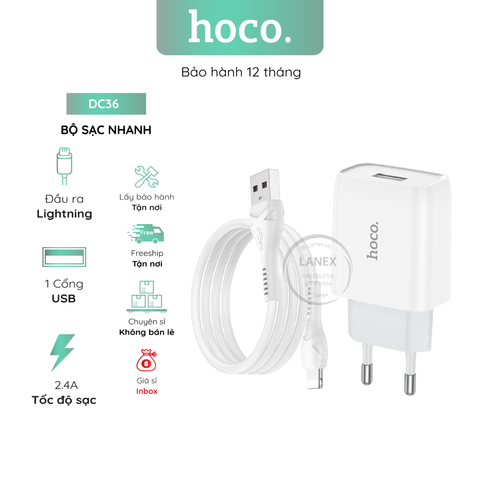 Bộ Sạc Nhanh Hoco Dc36 1 Cổng Usb Lightning 2.4a Dài 1.0m