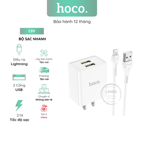 Bộ Sạc Nhanh Hoco C89 2 Cổng Usb Lightning 2.1a Dài 1.0m