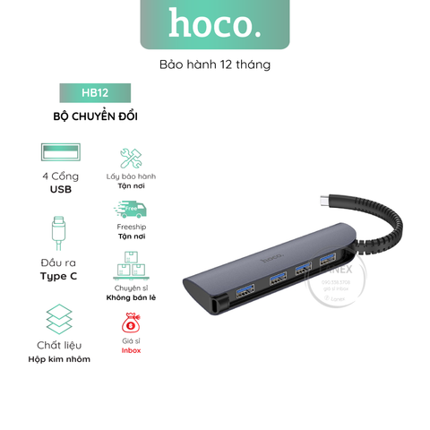 Bộ Chuyển Đổi Hoco Hb12 Đầu Type C Sang 4 Cổng Usb Dài 11cm