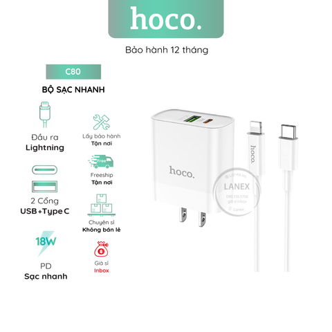 Bộ Sạc Nhanh Hoco C80 1 Cổng Usb Lightning 3.1a Pd Qc3.0 18w Dài 1.0m