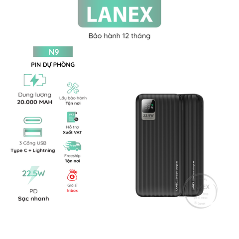 Pin Dự Phòng Lanex N9 2 In 1 ( Type C Lightning ) 1 Type C 1 Lightning 22.5W + PD 20W 20000mAh Màn Hình Led