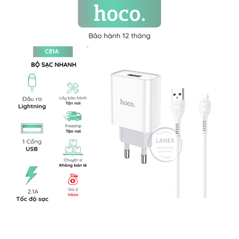 Bộ Sạc Nhanh Hoco C81a 1 Cổng Usb Lightning 2.1A Dài 1.0m