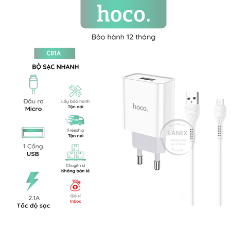 Bộ Sạc Nhanh Hoco C81a 1 Cổng Usb Micro 2.1a Dài 1.0m