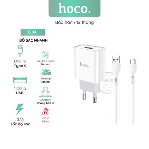 Bộ Sạc Nhanh Hoco C81a 1 Cổng Usb Type C 2.1a Dài 1.0m