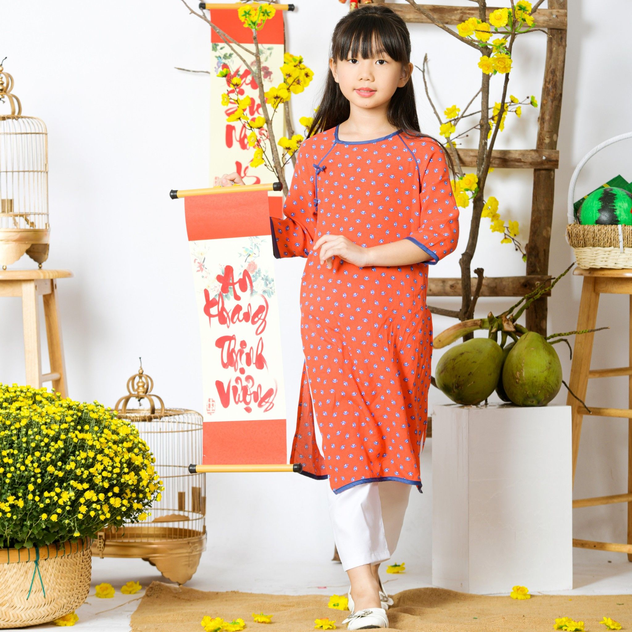 Áo dài Bé Gái Nơ Trúc Linh - Hoa xanh nhí