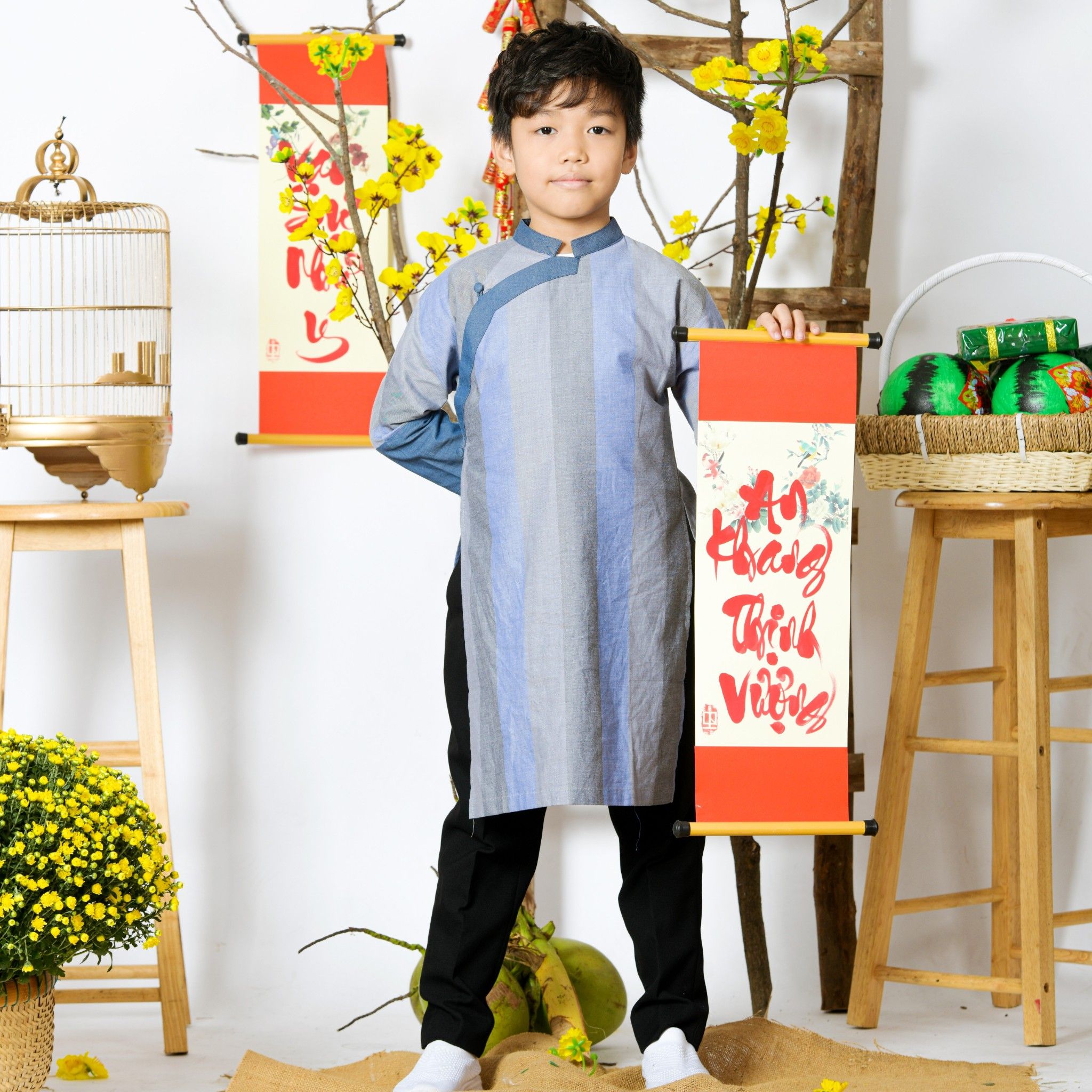 AD BT tay liền vai Gia Khánh - Caro to blue xám