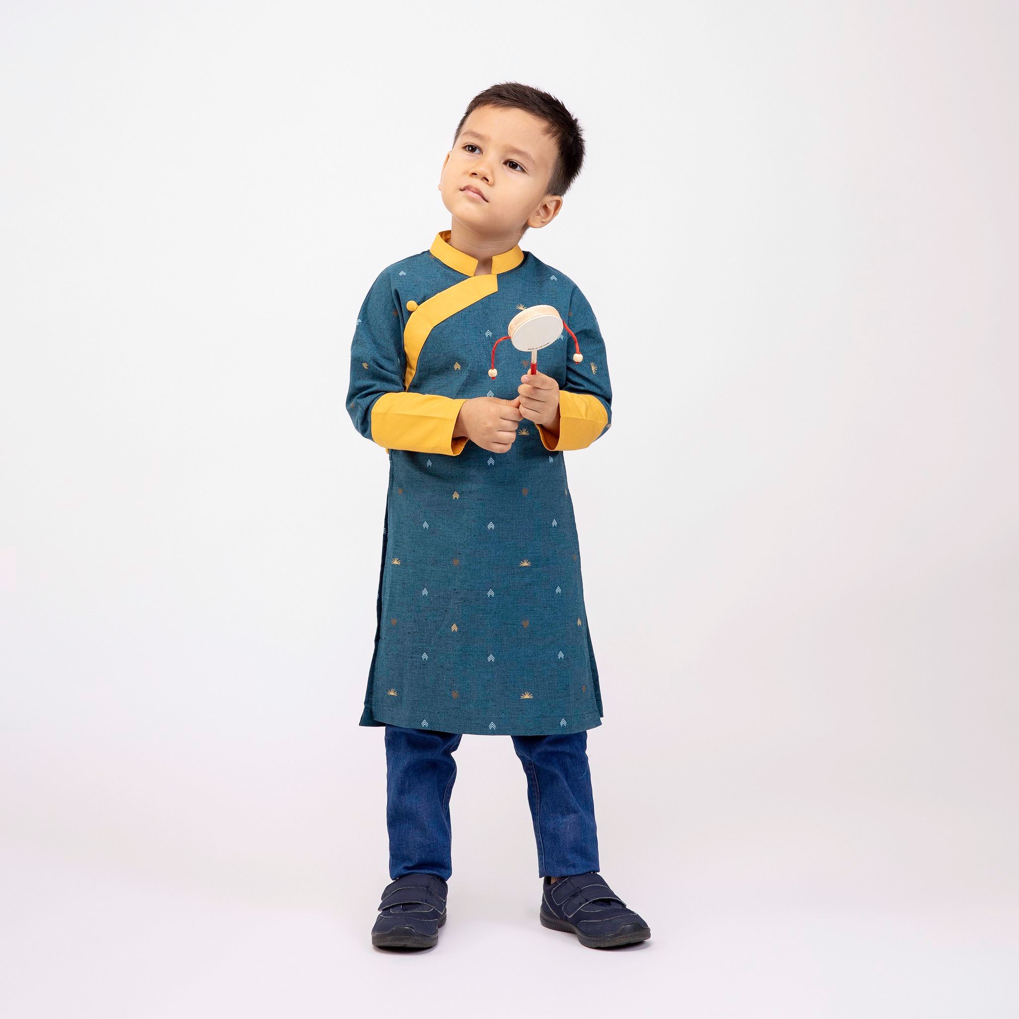 Áo dài bé trai tay liền Bảo Long - Xanh cổ vịt họa tiết