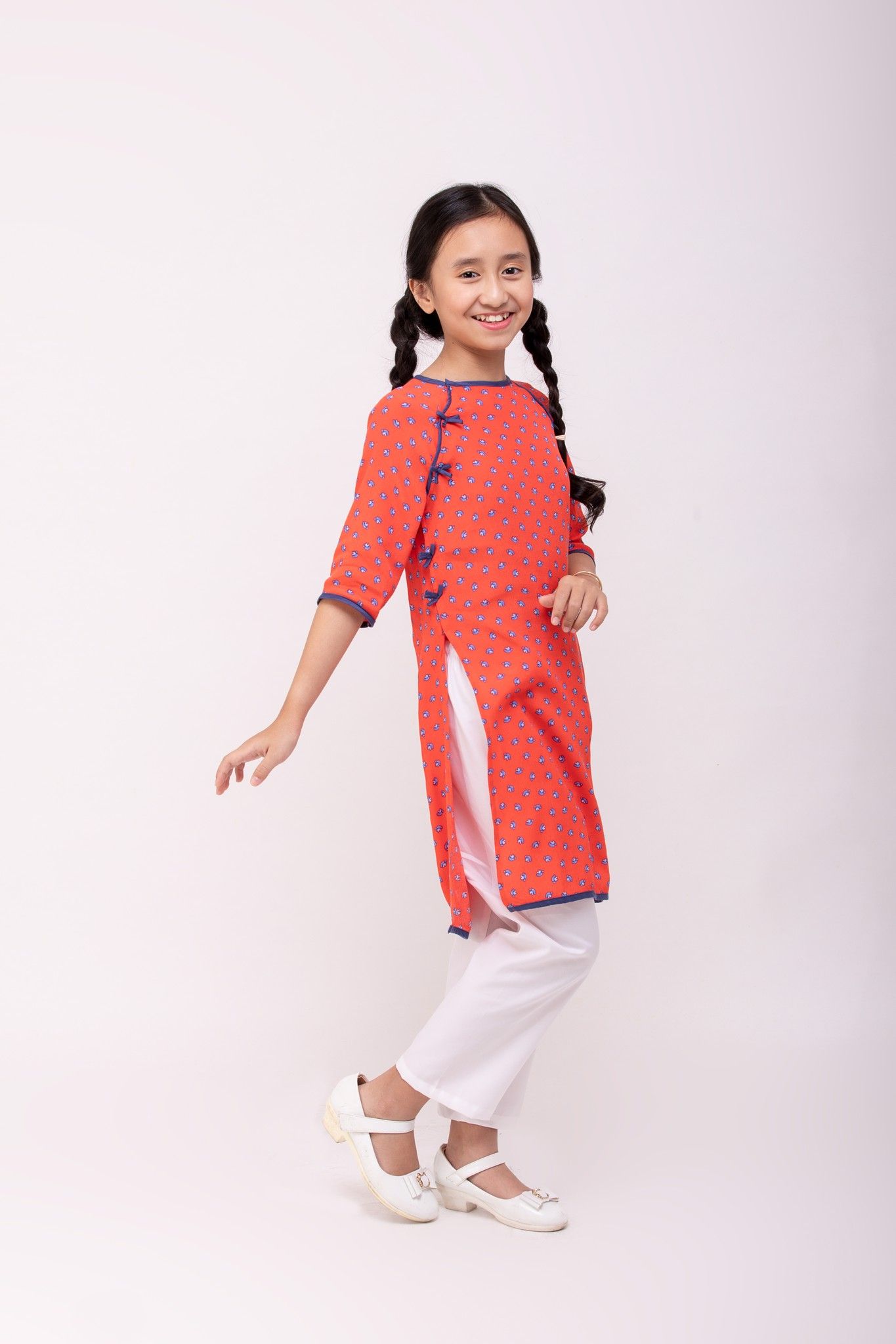 Áo dài Bé Gái Nơ Trúc Linh - Hoa xanh nhí