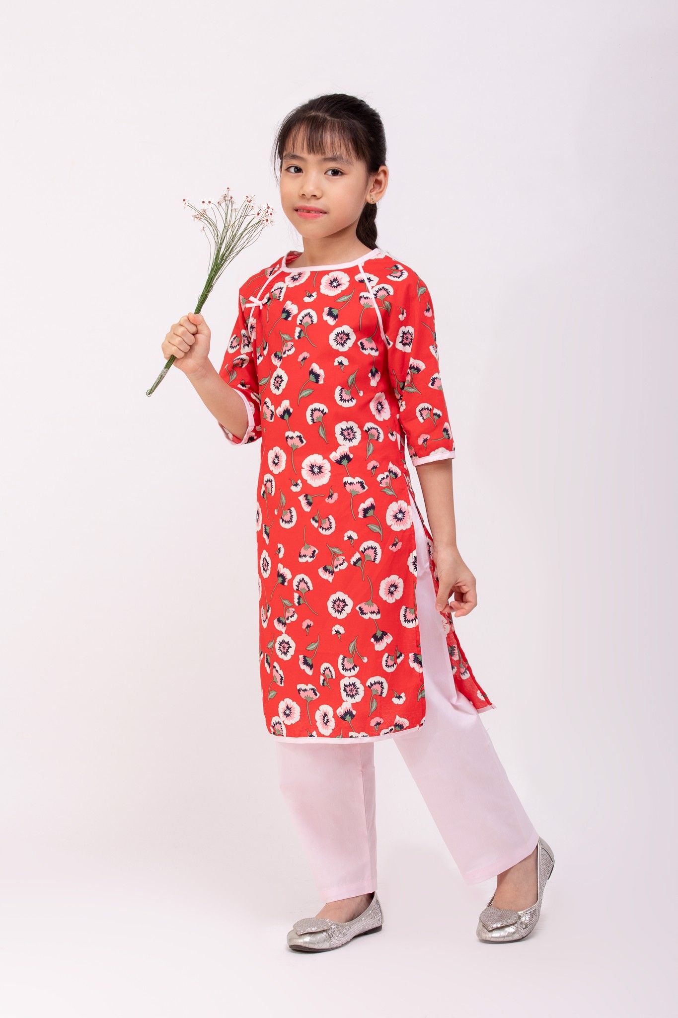 Áo dài Bé Gái Nơ Trúc Linh - Đỏ Hoa