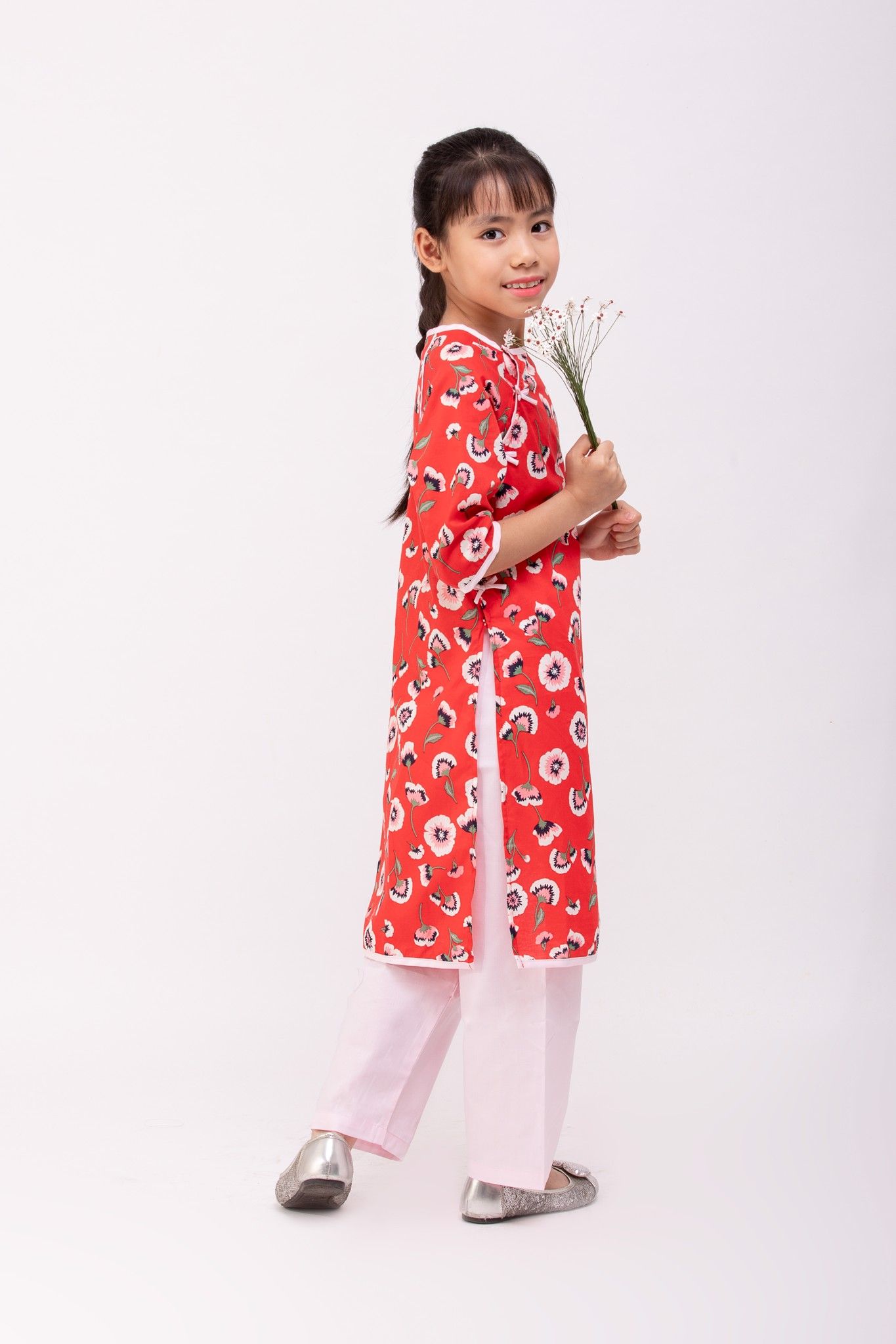 Áo dài Bé Gái Nơ Trúc Linh - Đỏ Hoa