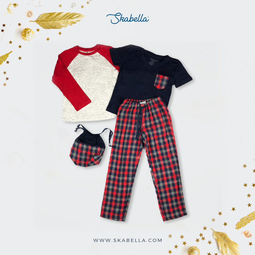 Bộ mặc nhà Bé Trai quần dài - Áo navy/xám quần dài caro