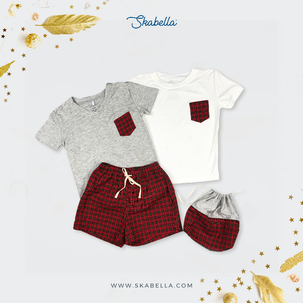 Bộ mặc nhà Bé Trai quần shorts - Áo xám/trắng quần caro đỏ