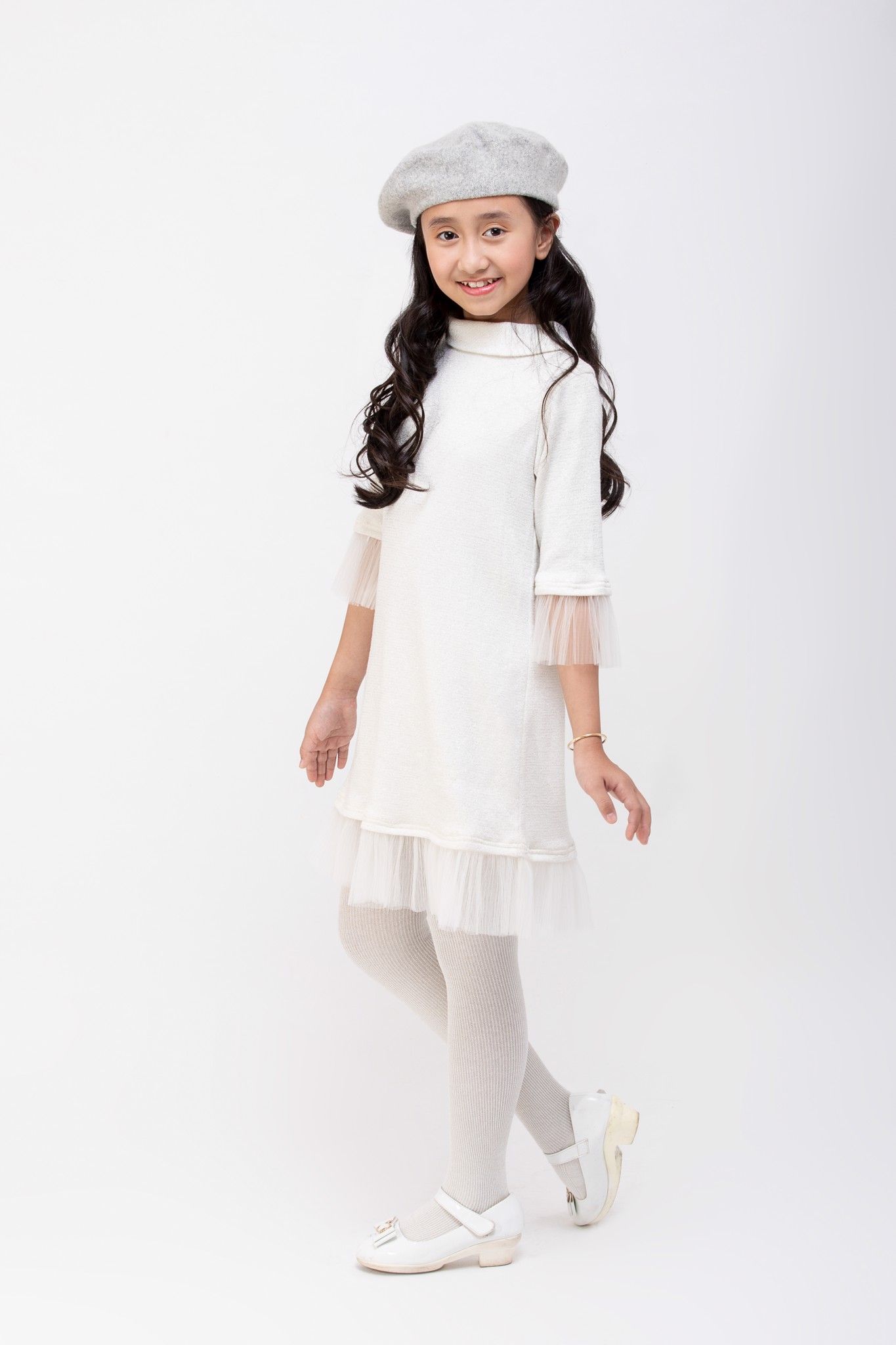 Đầm tay lỡ Bé Gái Jacquellne - Len trắng nhũ