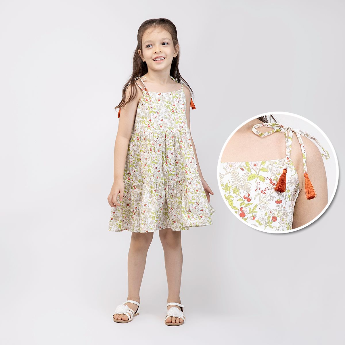 Đầm bé gái Pauline - Trắng hoa đỏ lá xanh