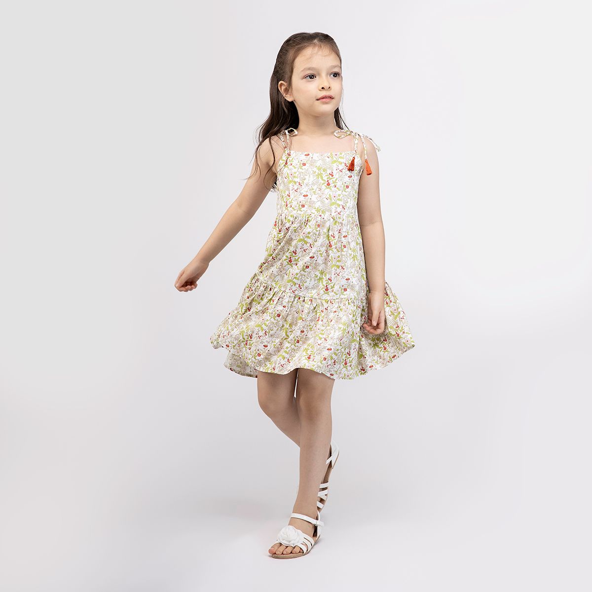 Đầm bé gái Pauline - Trắng hoa đỏ lá xanh