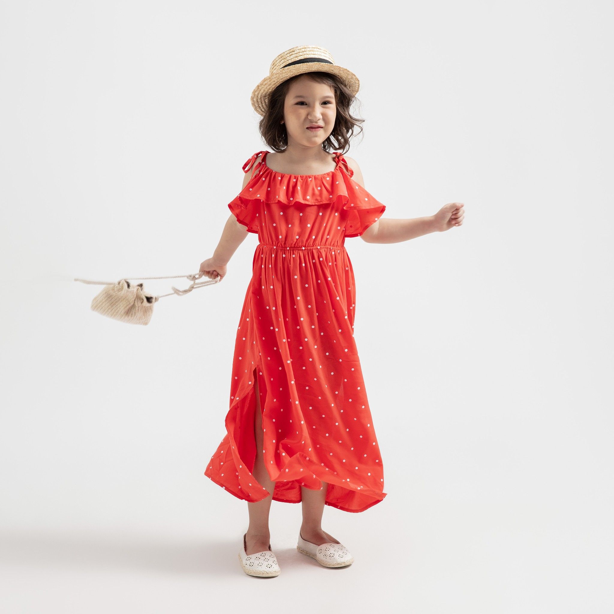 Đầm bé gái maxi Rina - Đỏ bi trắng
