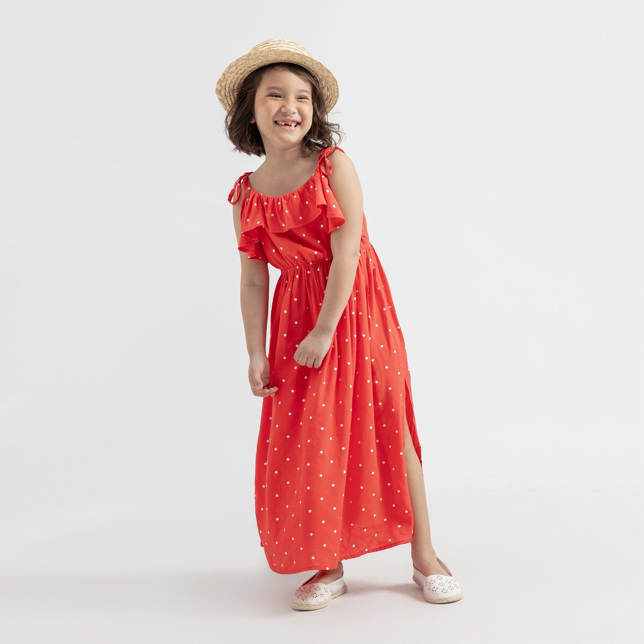 Đầm bé gái maxi Rina - Đỏ bi trắng