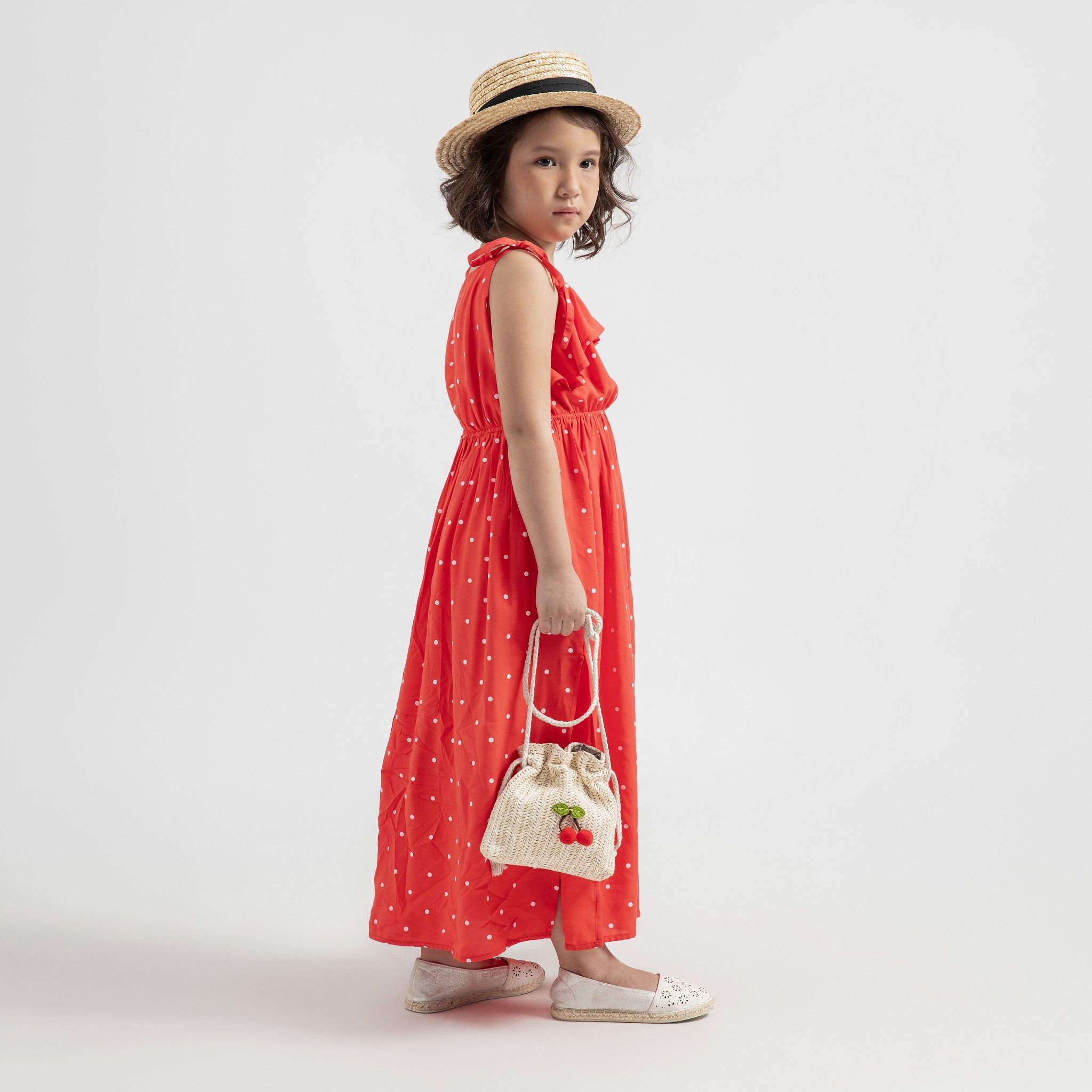 Đầm bé gái maxi Rina - Đỏ bi trắng