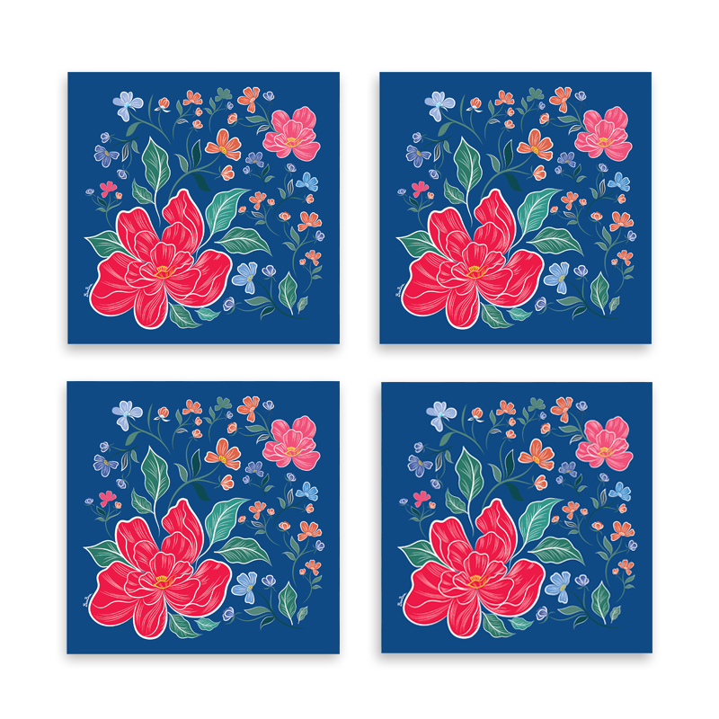 Set đế lót ly - xanh - (Cheerful Blossoms)