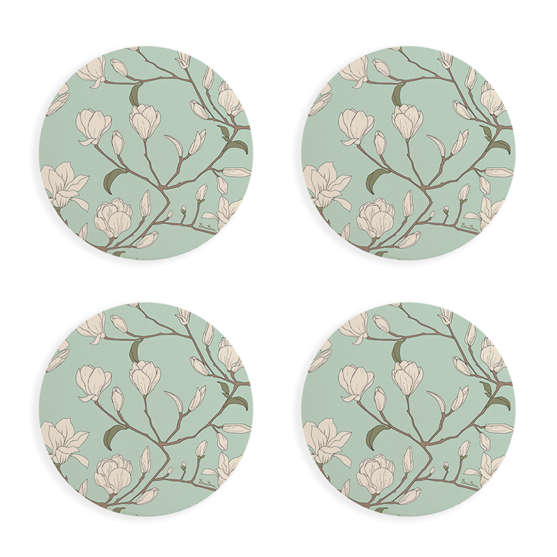 Set đế lót ly tròn - Hoa mộc lan nền xanh (Spring Blooms)