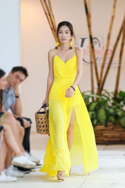  Đầm dài chiffon xếp pli 