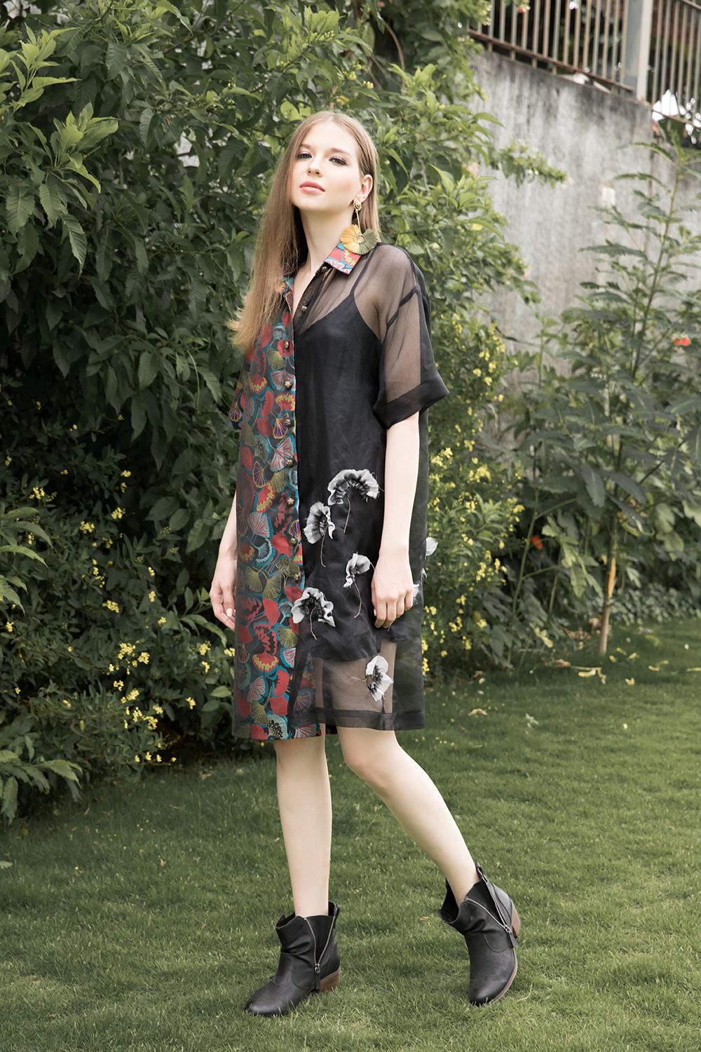 Đầm phối Organza nửa thân