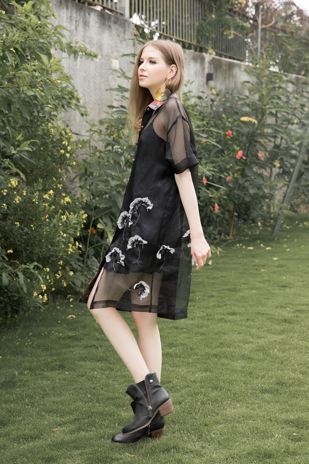 Đầm phối Organza nửa thân