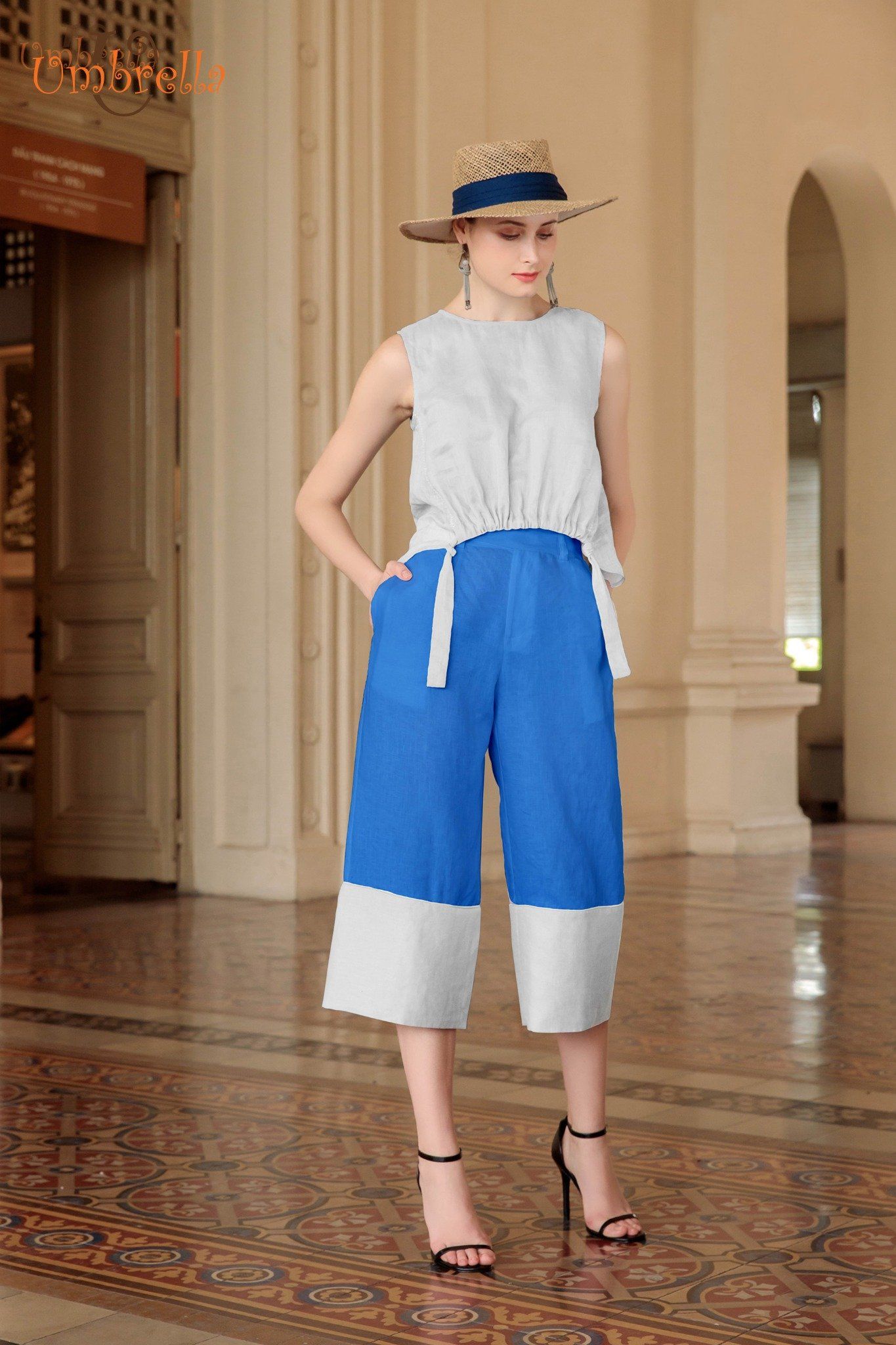 Quần Linen lai phối màu