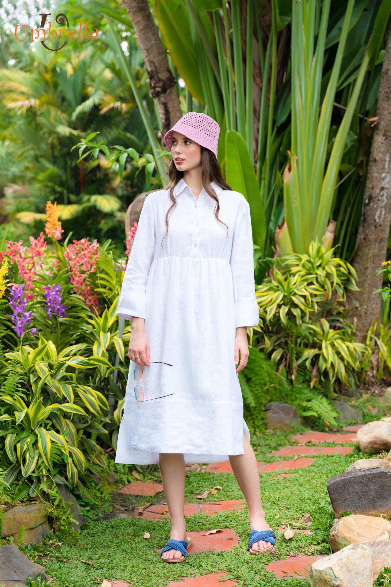 Đầm Linen sơ mi suông nẹp chân