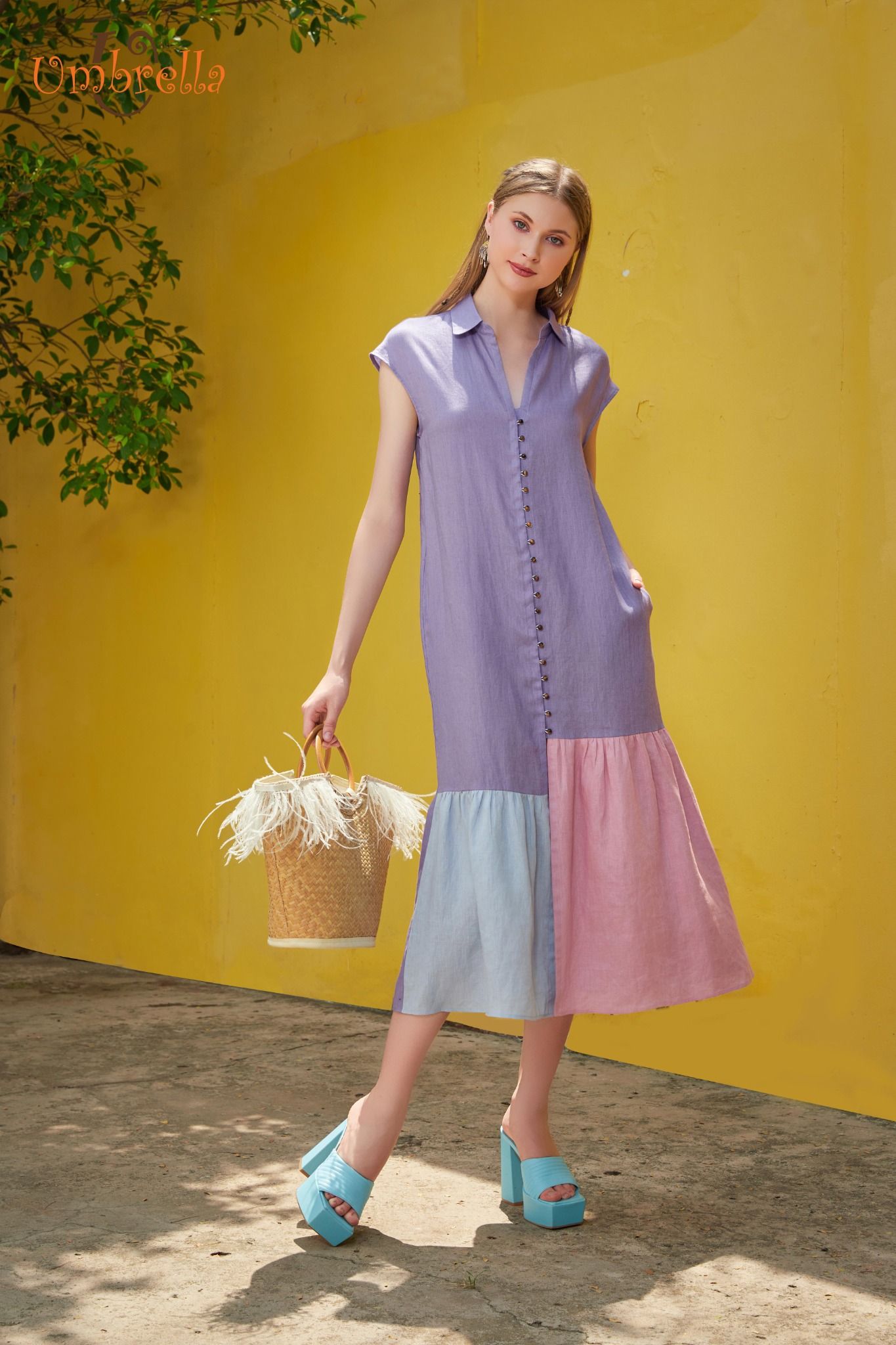 Đầm dài Linen sơ mi lệch tầng