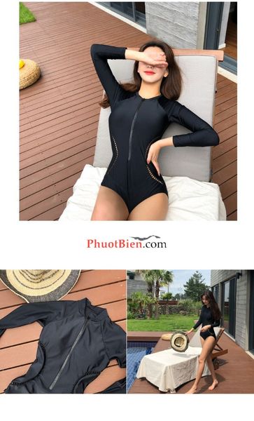 Áo tắm đồ bơi nữ 1 mảnh màu đen bikini tay dài chống nắng Hàn Quốc