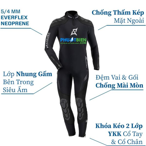 Bộ đồ lặn Sakura Wetsuit 5mm Nhung Gấm Siêu Ấm