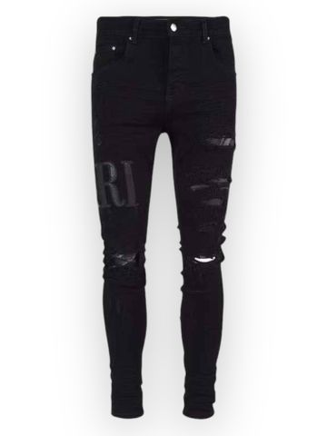 AMR Destroyed Embroidered Logo Jean - Black