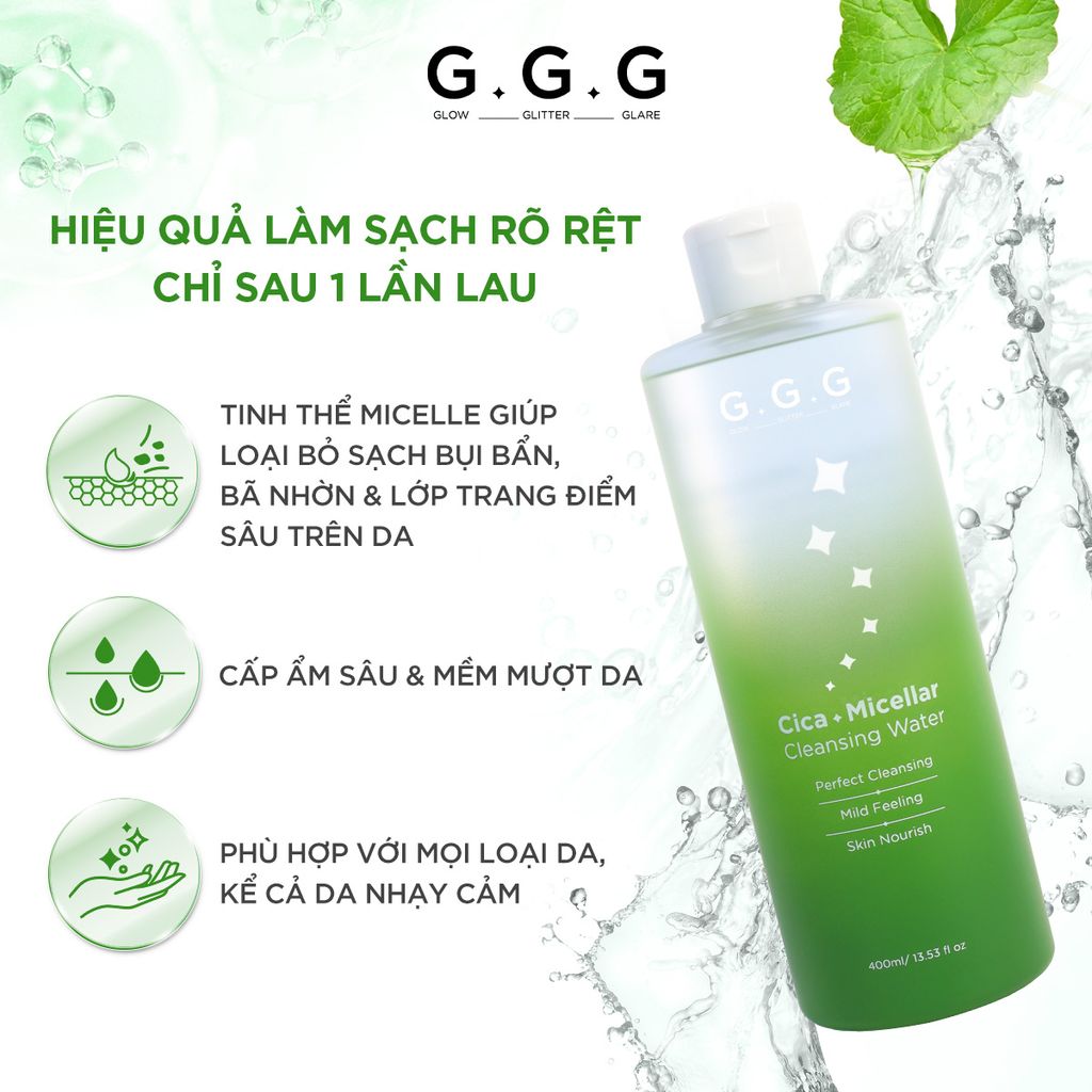 Nước tẩy trang sạch sâu, mát mịn, mượt da G.G.G Cica Micellar Cleansing Water 400ml