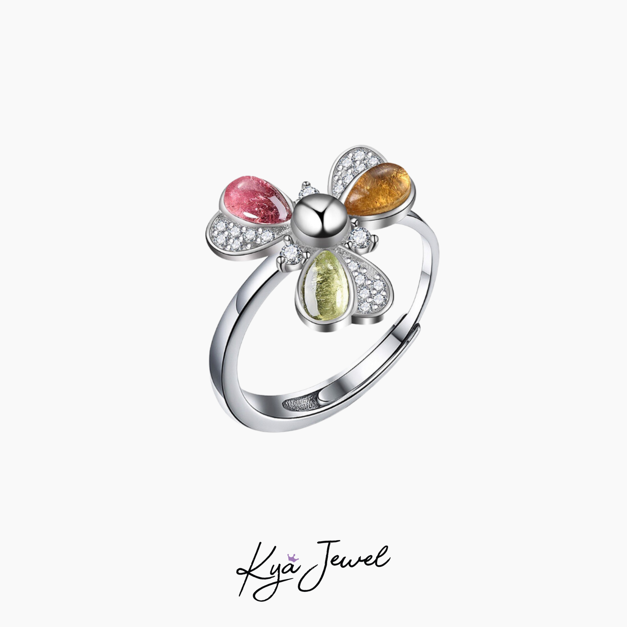 Nhẫn đá Tourmaline hoa ba cánh hiện đại