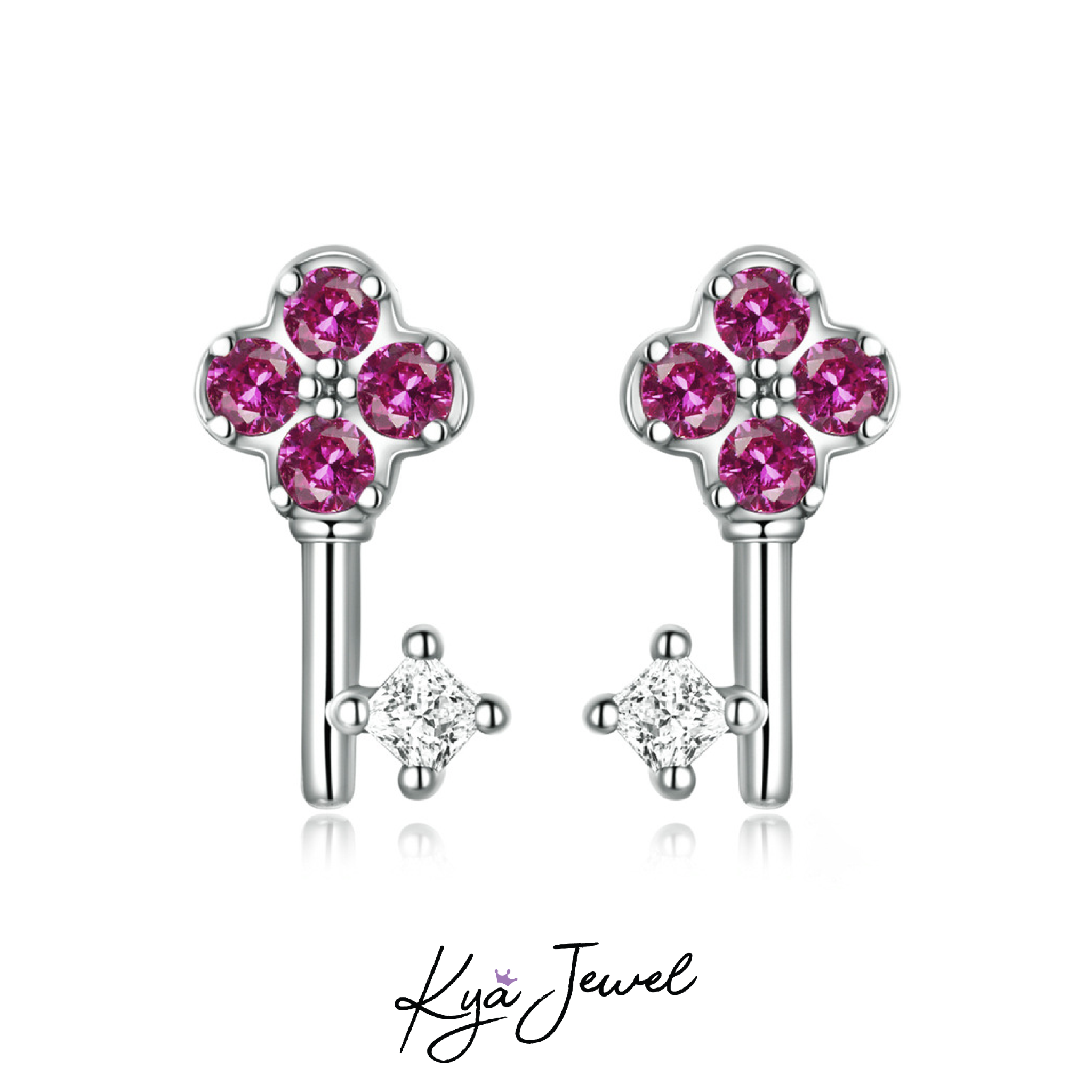 Khuyên tai nữ Key đá CZ hồng