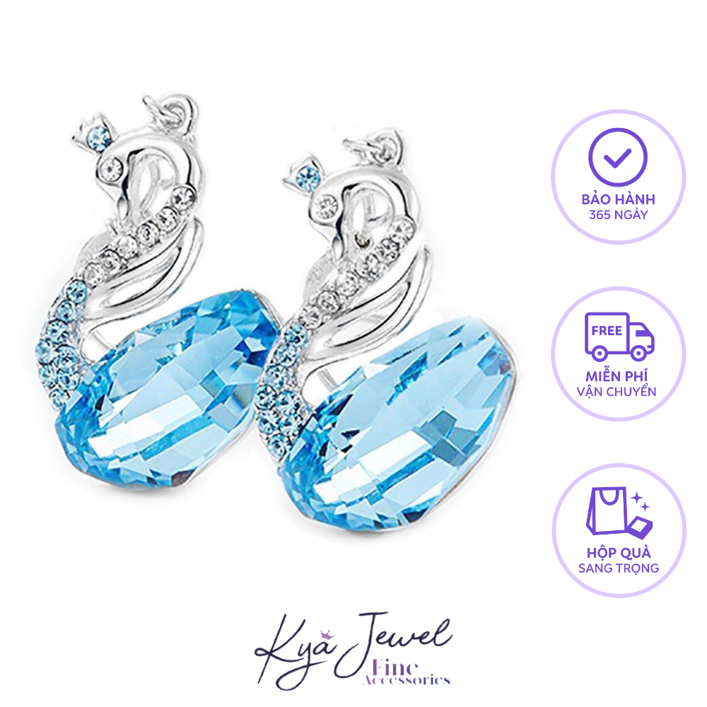 Khuyên tai bạc nữ thiên nga khảm đá Swarovski xanh nước