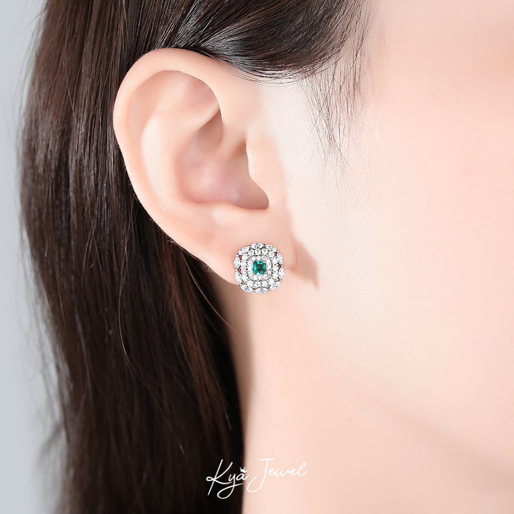 Khuyên tai bạc nữ kiểu dáng tròn đính đá cz xanh ngọc