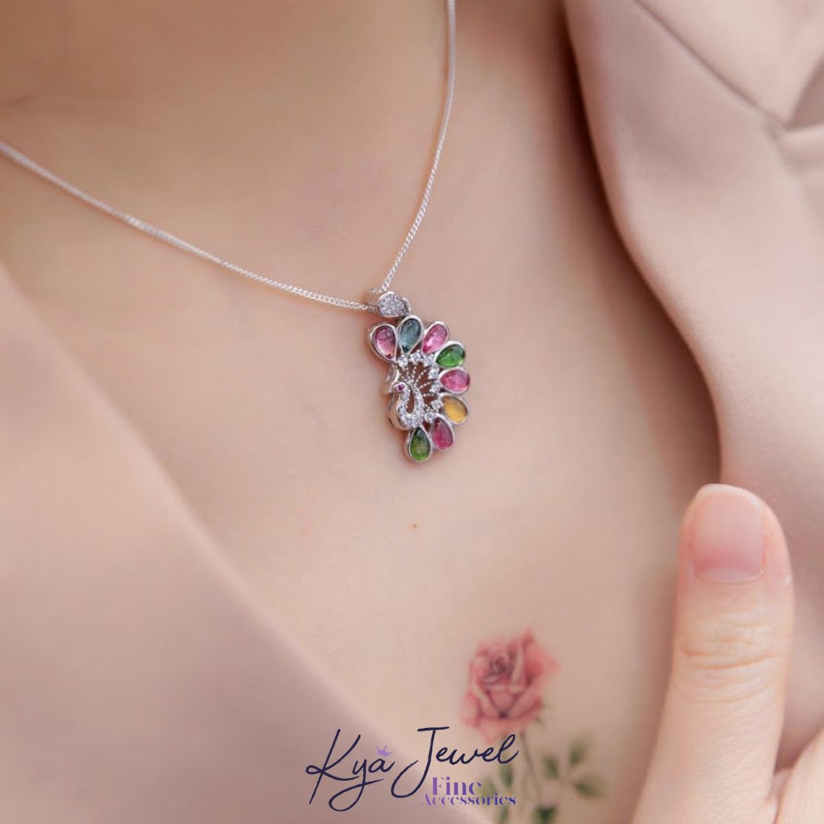Dây chuyền nữ đẹp chim công đá Tourmaline sang trọng