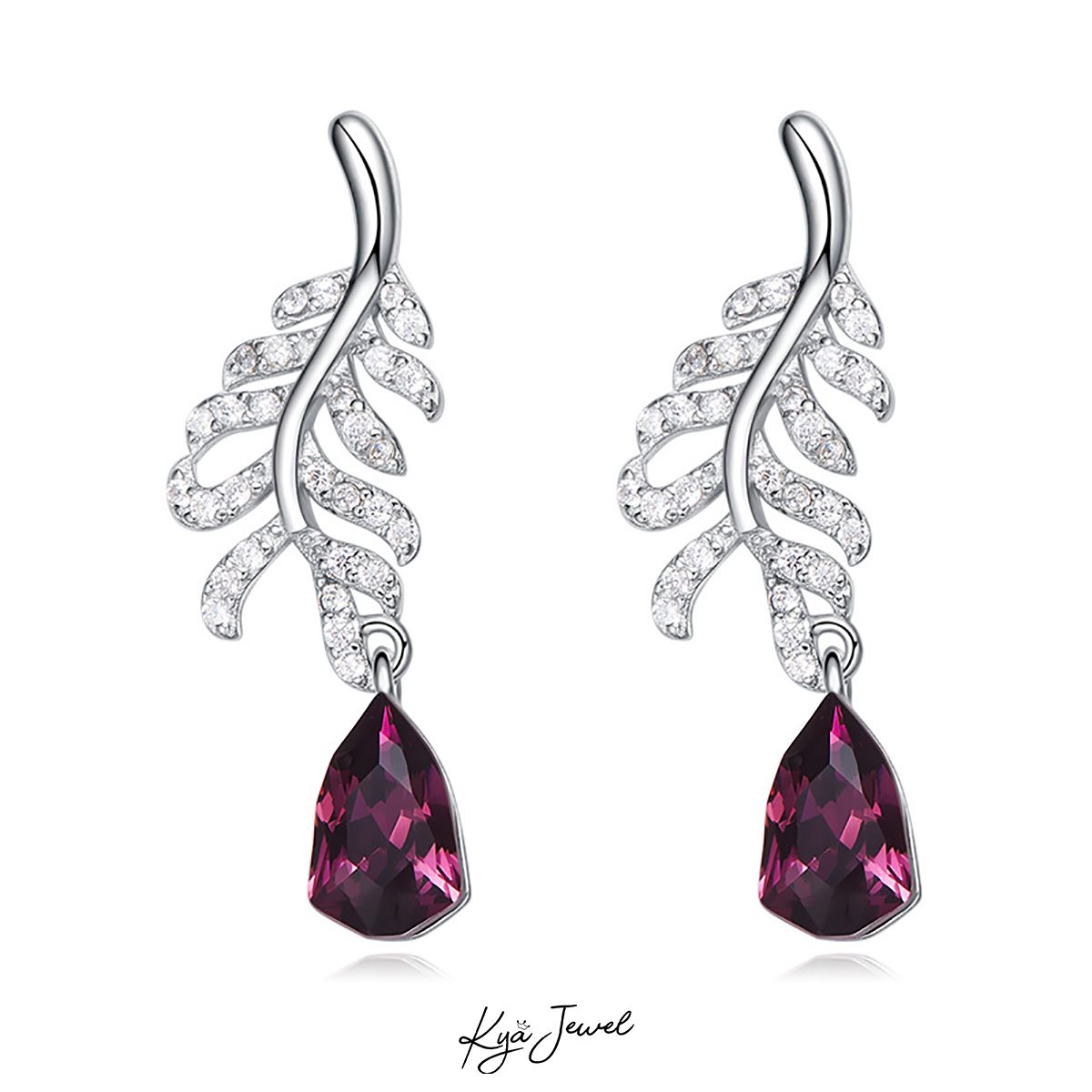 Hoa tai lông chim đá Swarovski tím than