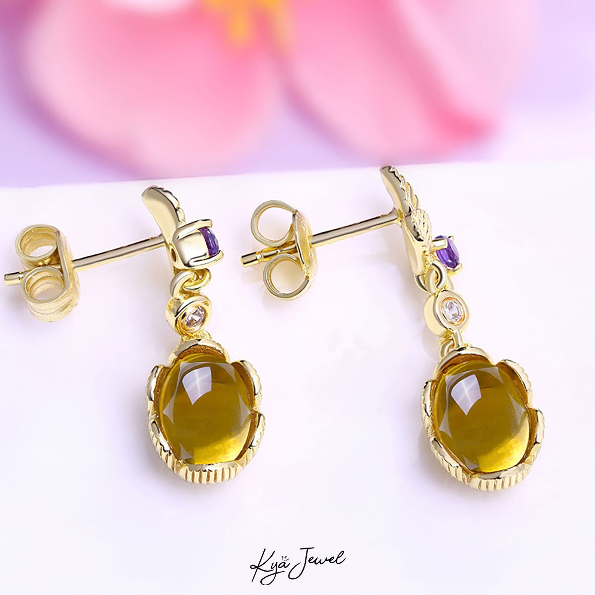 Hoa tai đá Citrine vàng lá hoa mềm mại