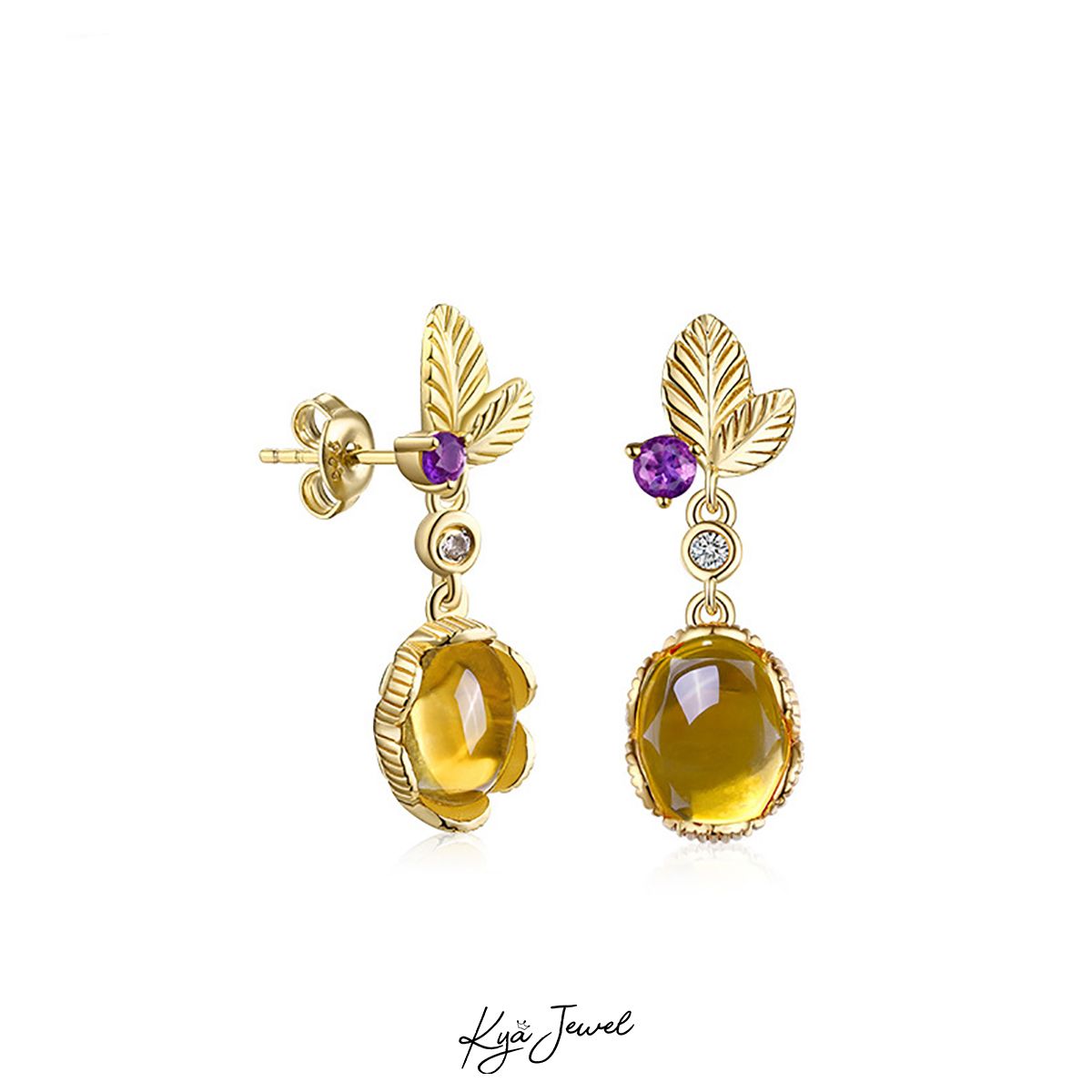 Hoa tai đá Citrine vàng lá hoa mềm mại