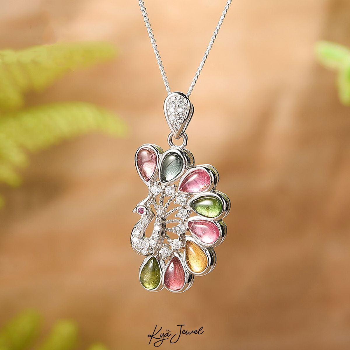 Dây chuyền nữ đẹp chim công đá Tourmaline sang trọng