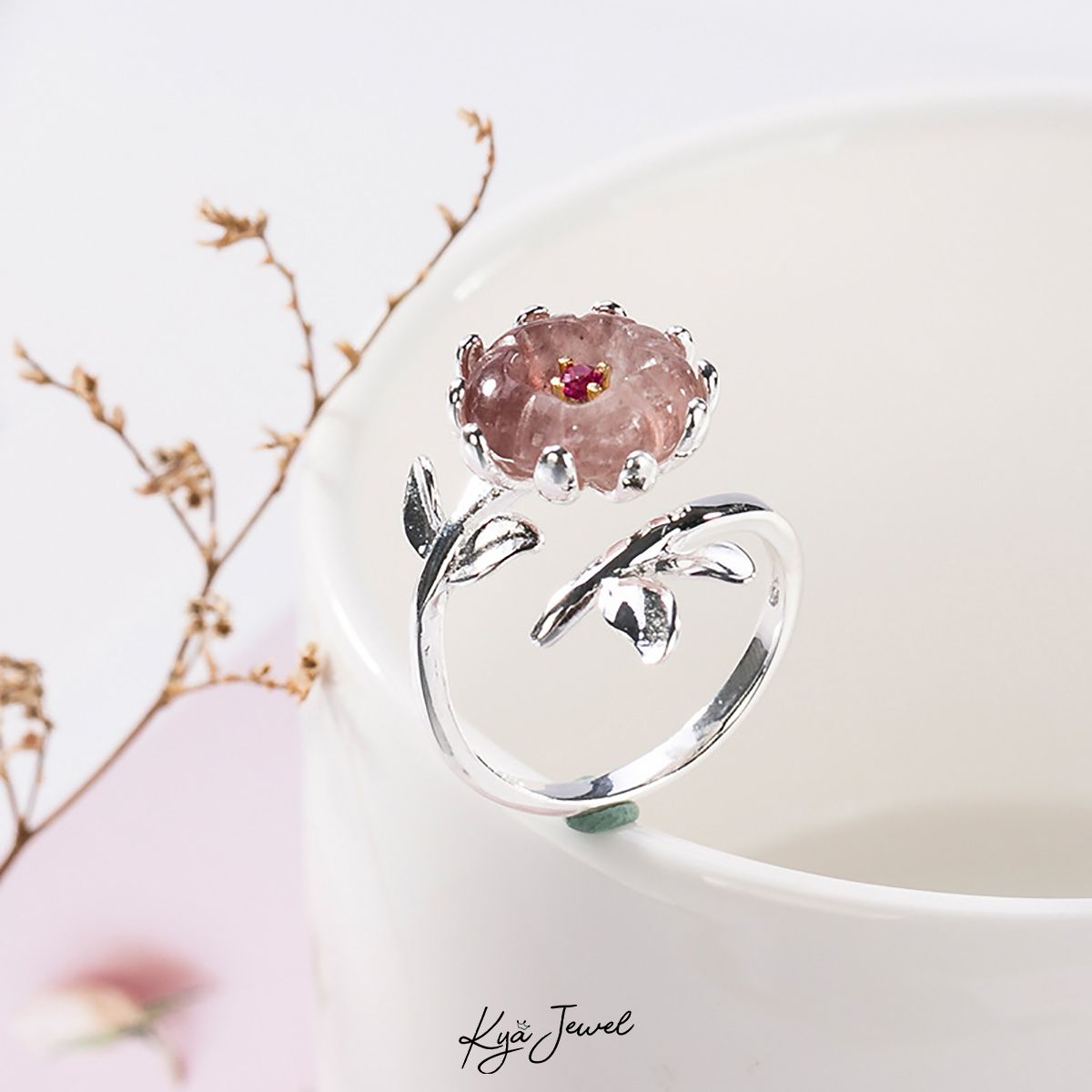 Nhẫn hoa mận thạch anh dâu tây ngọt ngào