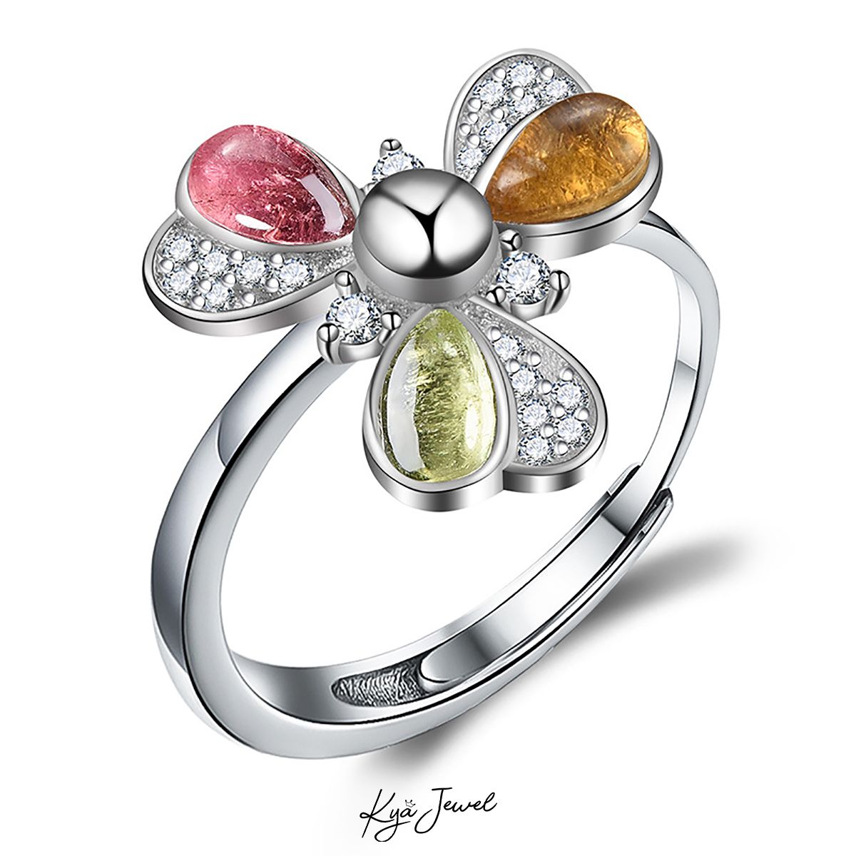 Nhẫn đá Tourmaline hoa ba cánh hiện đại