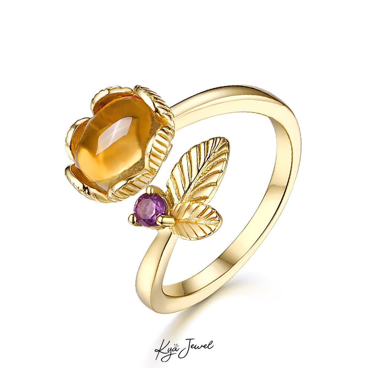Nhẫn đá Citrine vàng lá hoa mềm mại