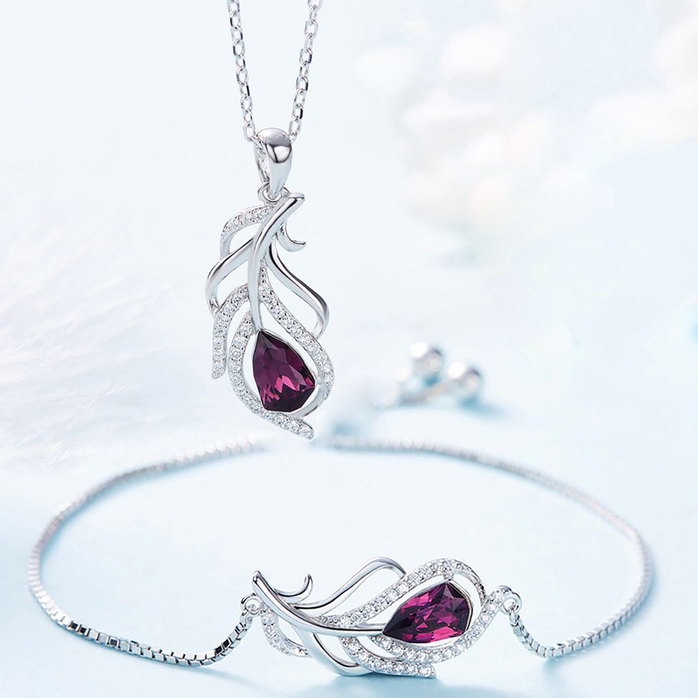 Bộ trang sức lông chim đính đá Swarovski tím than