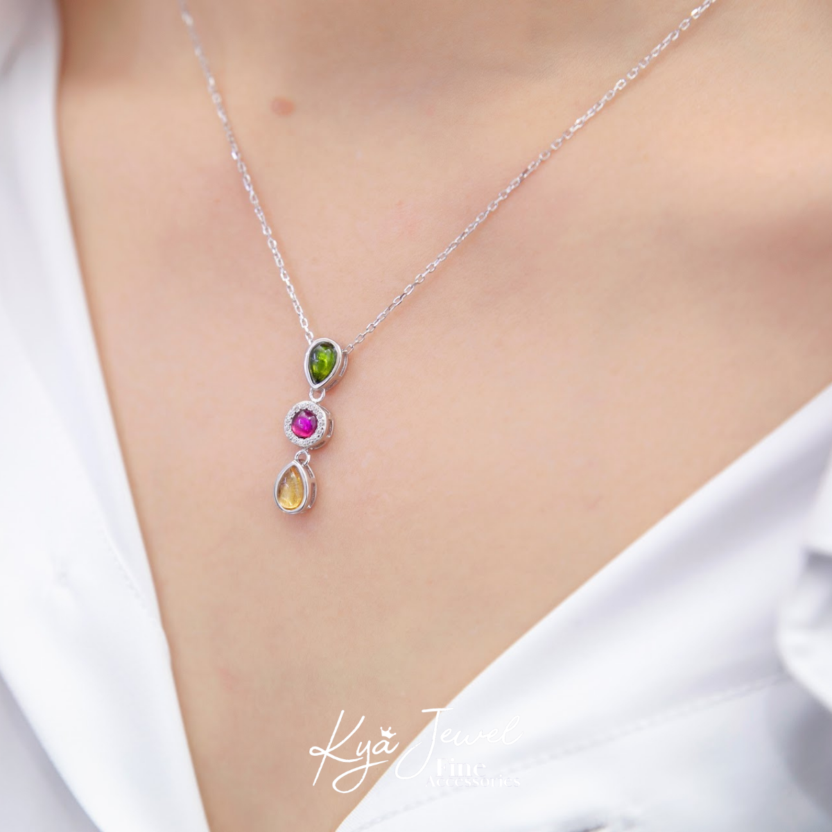Dây chuyền thả dài đính đá Tourmaline ấn tượng